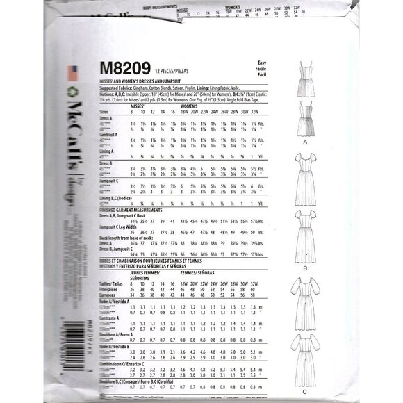 McCalls M8209 Womens 26W to 32W Fitted Dresses and Jumpsuit Uncut Sewing Pattern - Picture 2 of 2